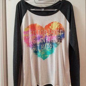 Life is to short to be anything but happy  studded heart long sleeve scoop neck